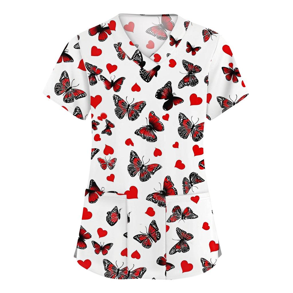 Abbigliamento da lavoro a maniche corte con scollo a V alla moda da donna con top stampati con tasche