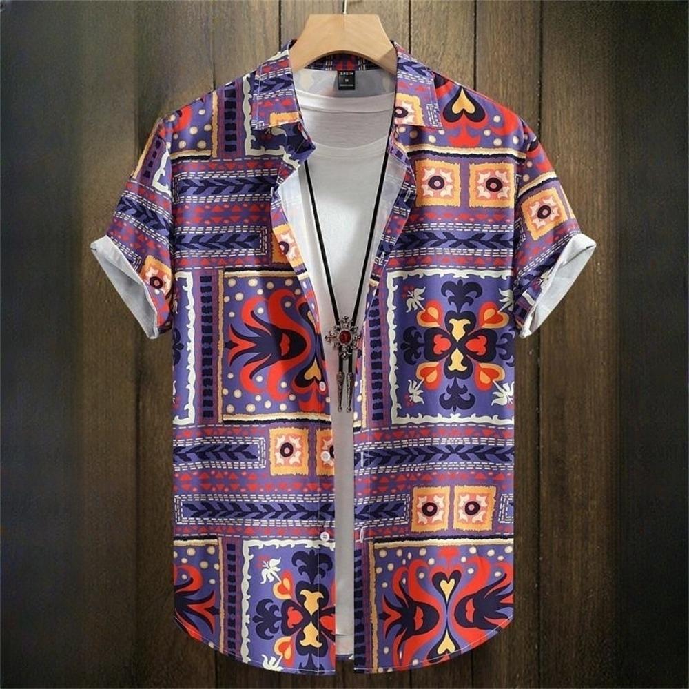 

Мужские и женские рубашки с короткими рукавами, напечатанные на 3D-принтере, рубашки с воротником на пуговицах, одежда унисекс больших размеров, повседневная мода, ретро-этнические узоры M