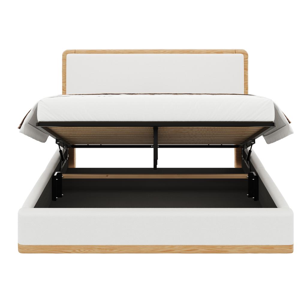 140x200 Upholstered Platform Bed with Hydraulic Storage Space under the Bed, White + Natural Wood Tones