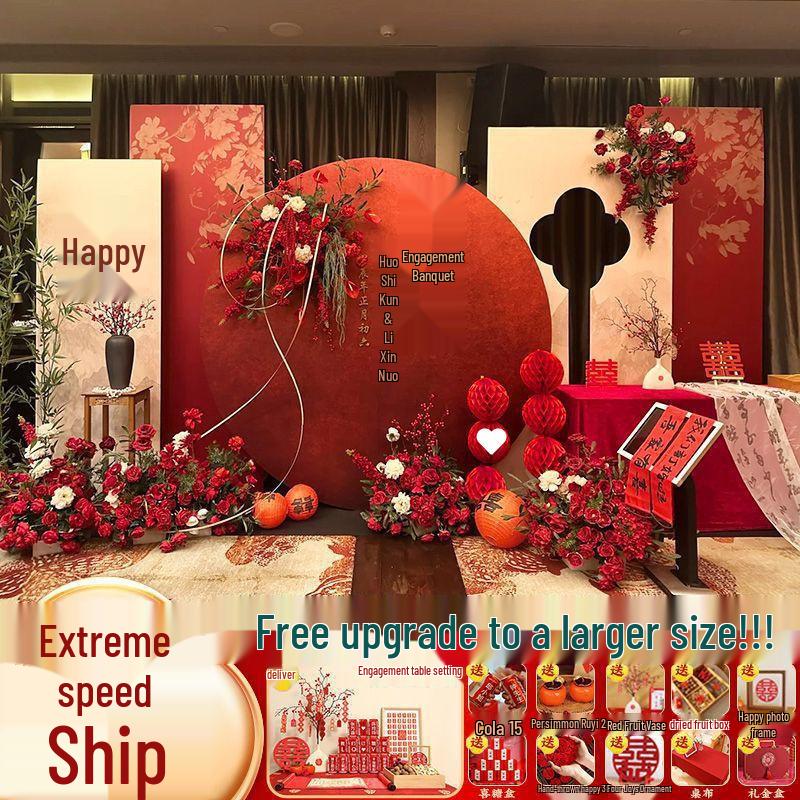 Complete Chinese Engagement Banquet Decoration Set with Backdrop and Tableware – Free Shipping