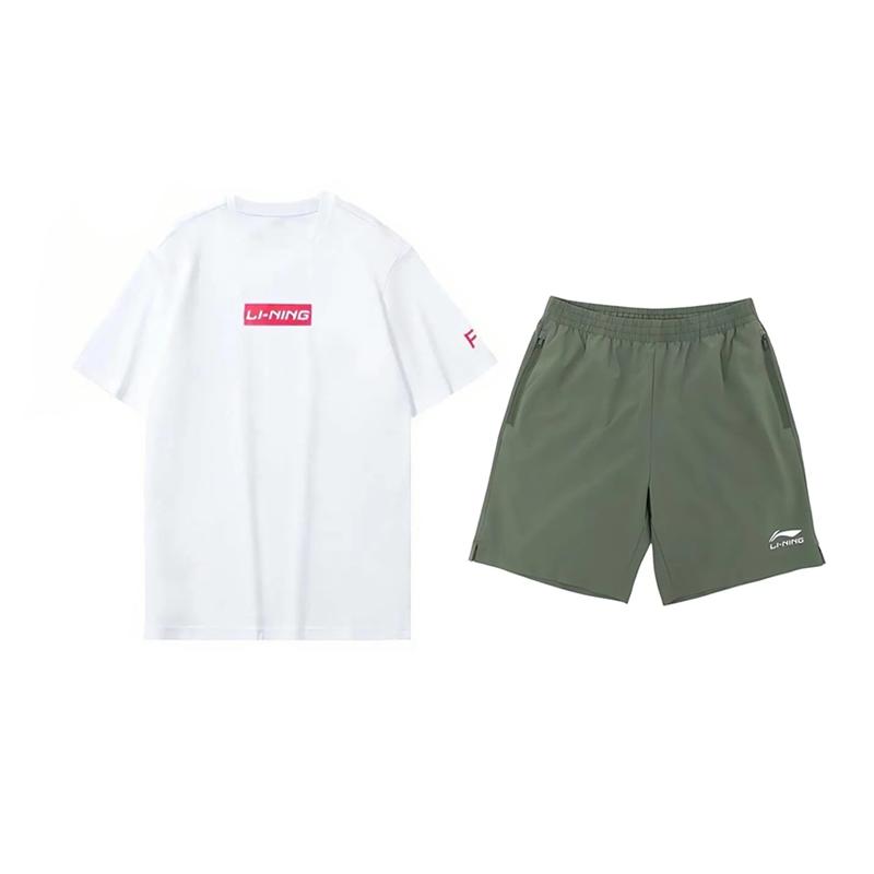 Li Ning Logo Print Simple Versatile Round Neck Pullover Short Sleeve Tie Comfortable Shorts Casual Sports Suit Unisex Sports Suit YHST173-2+YKSV147-1