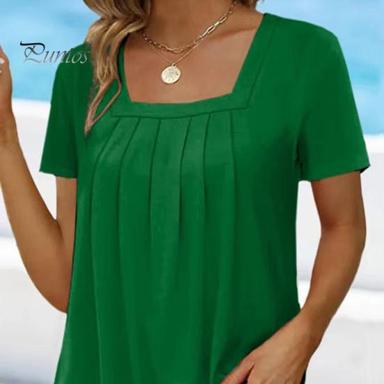 Summer Casual T-shirt Square Collar Short Sleeve Pleated Tee Shirt Solid Color Loose Fit A-Line Home Date Office Tops