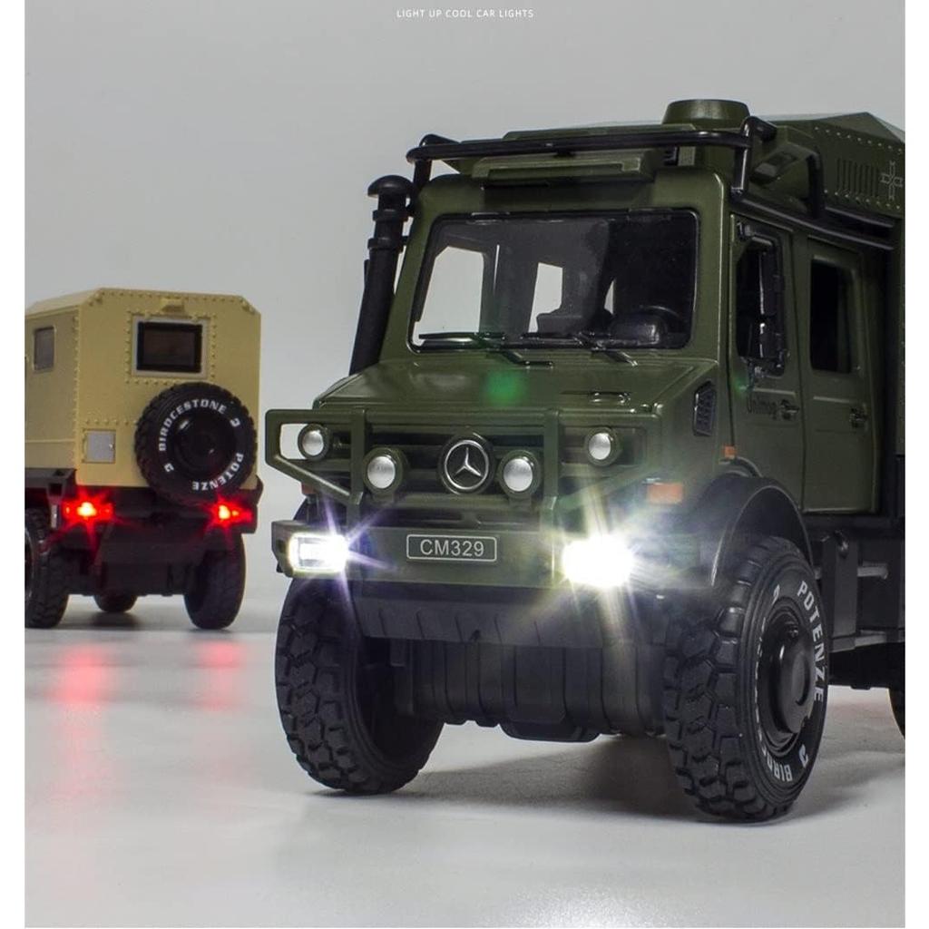 1/32 Scale Benz Unimog Alloy Model Car with Sound and Light, Pull Back Car Model for Kids Toys Party Gifts Collectible