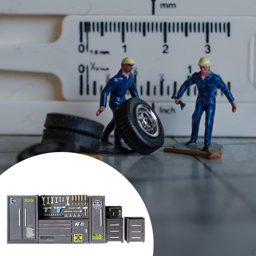 1/64 Garasjeverkstedsett Bilreparasjonsverktøy Solid DIY Mikroscene Dekor Kreativ Diorama