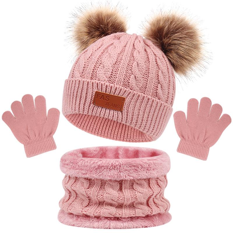 Winter Children's Scarf Hat Three-Piece Set with Pom-Pom Baby Infant Knitted Hat Warm Wool Thickened