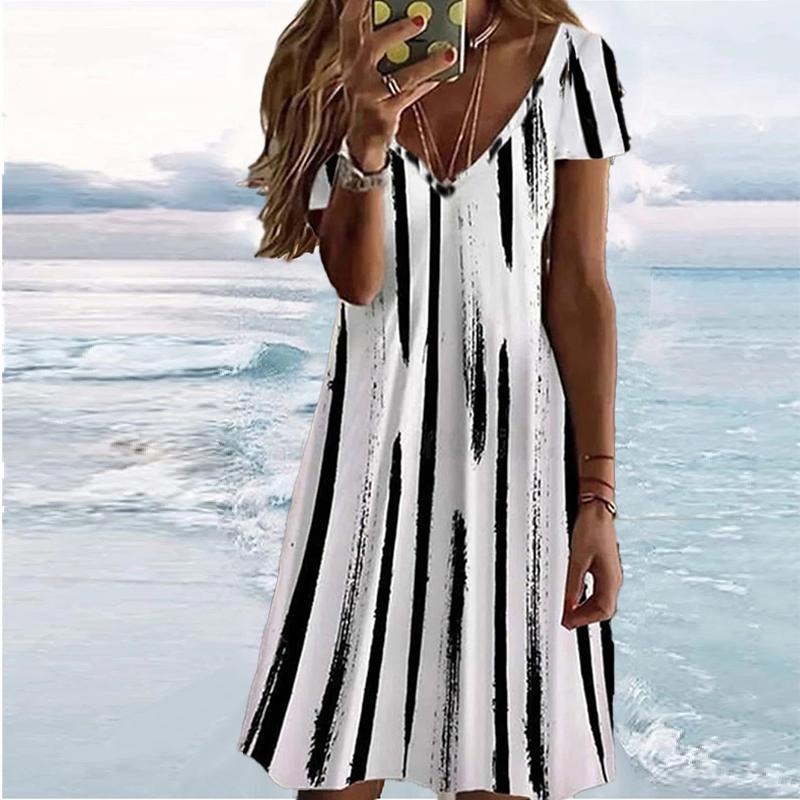 Summer Fashion Women's V Neck Short Sleeve Retro Style Printed  Dress Sex Short Skirt Dresses