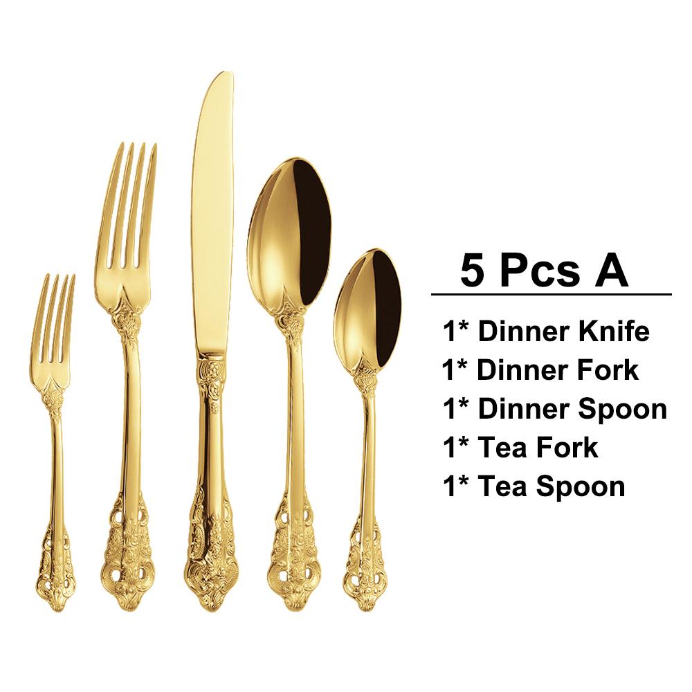 12/15/16/20 Pieces Gold Plated Luxury Cutlery Set Stainless Steel Gold Dinnerware Vintage Western Tableware Fork Spoon Knife Set