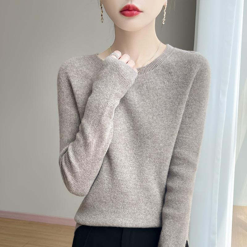 Solid Color Crew Neck Long Sleeve Slim Fit Casual Knit Sweater For Women