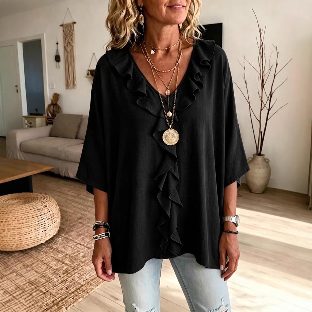 Women's V Neck Three Quarter Sleeve Blouse Loose Fit Ruffle Front Solid Linen Casual Top