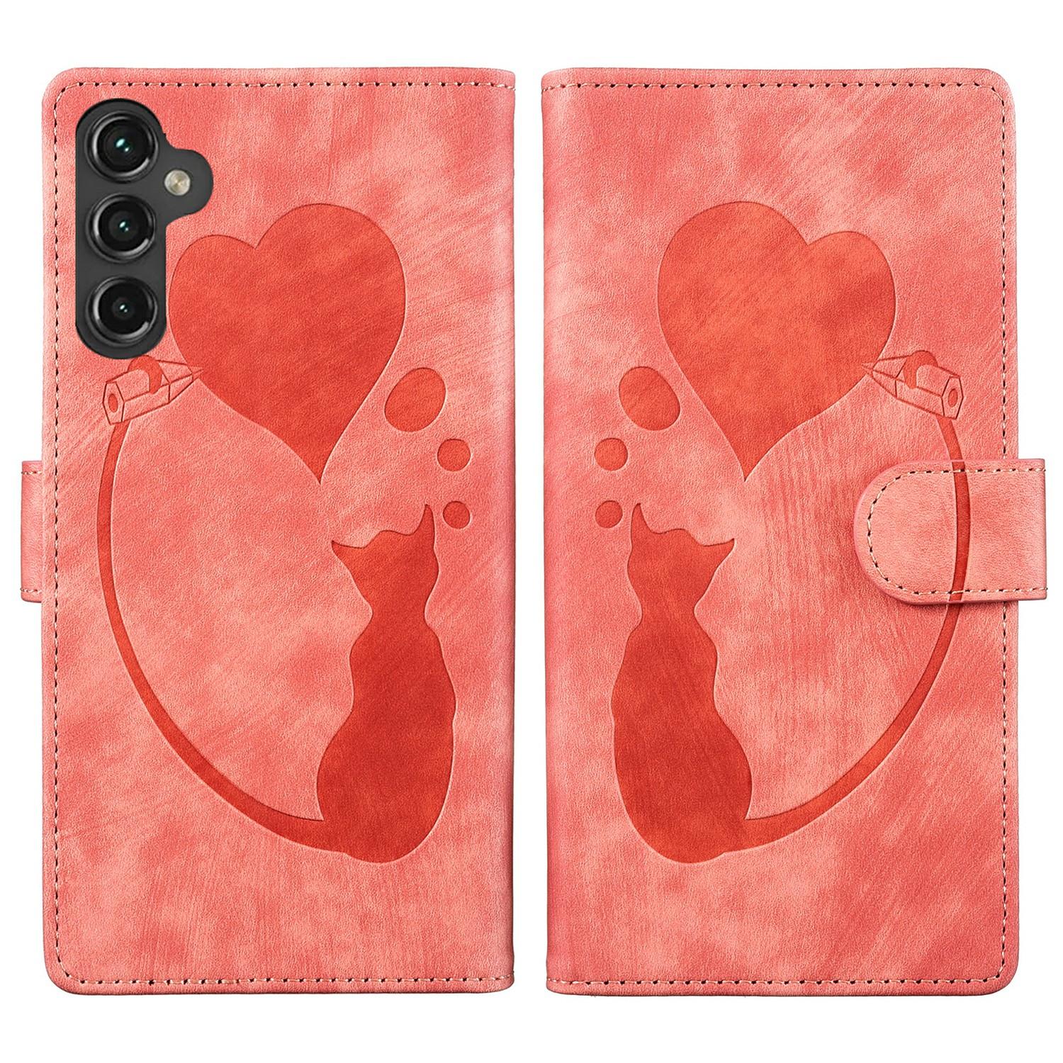 

For Samsung Galaxy A14 5G/4G Case Cat Heart Pattern PU Leather Flip Phone Cover Pink