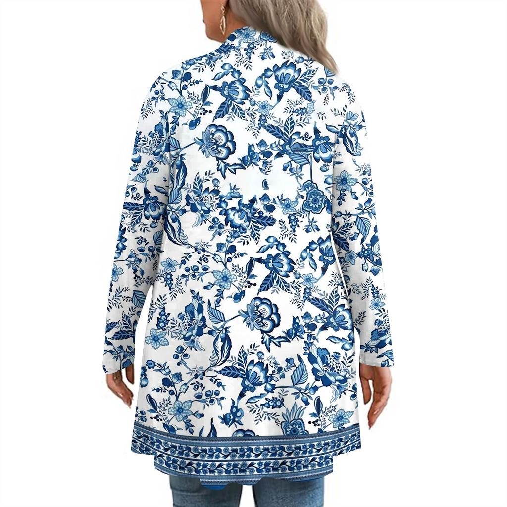 Women's Fall And Winter Fashion Casual Print Long Sleeve Mid-Length Cardigan Jacket