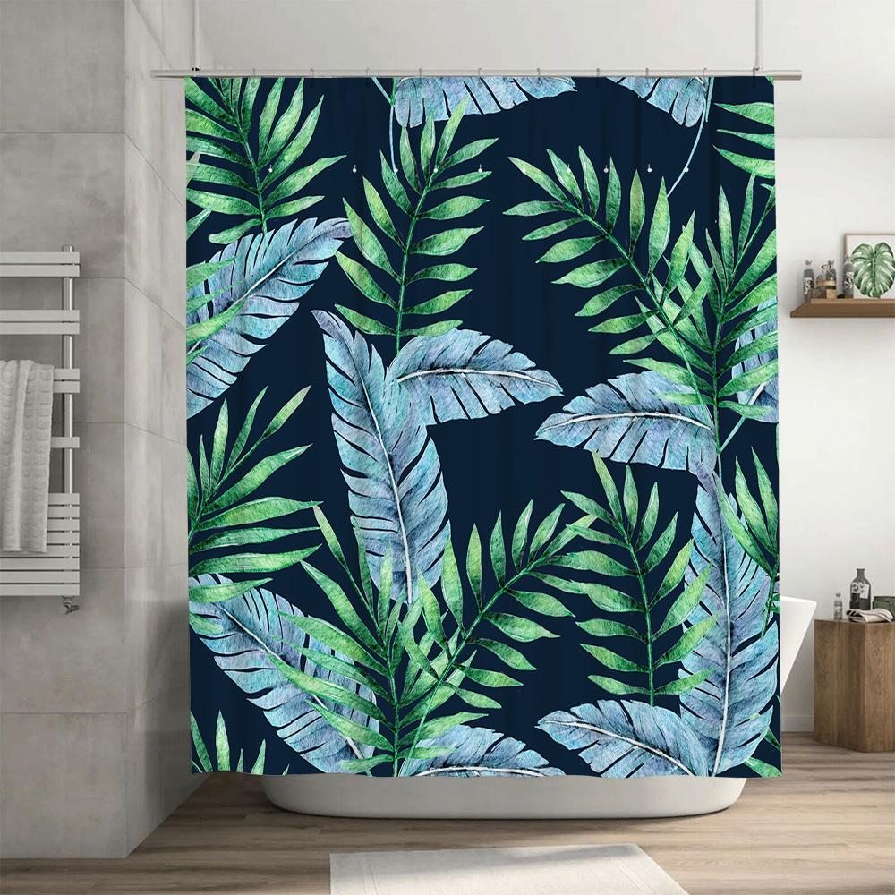 Watercolor Palm Tree Blue Shower Curtain Green Leaf Pattern Decorative Bath Rug for Home Decoration Modern Design Bathroom Acces