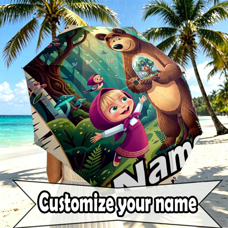 Custom Name Personalized Masha and the Bear Print Umbrella, Auto Open Close, 8‑Rib Sturdy Frame, Commute Camping Hiking Use, Birthday Gift
