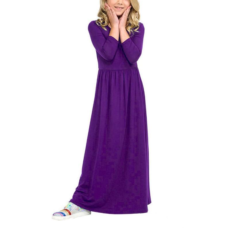 Girls Solid Color Round Neck Long Sleeved Dresses Large Hem Child Long Section Long Dress