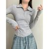 Kumikumi New Arrival Graceful Gray Polo Collar Long Sleeves T-shirt Women Autumn All-Matching Slim Fit Slim Bottoming Top