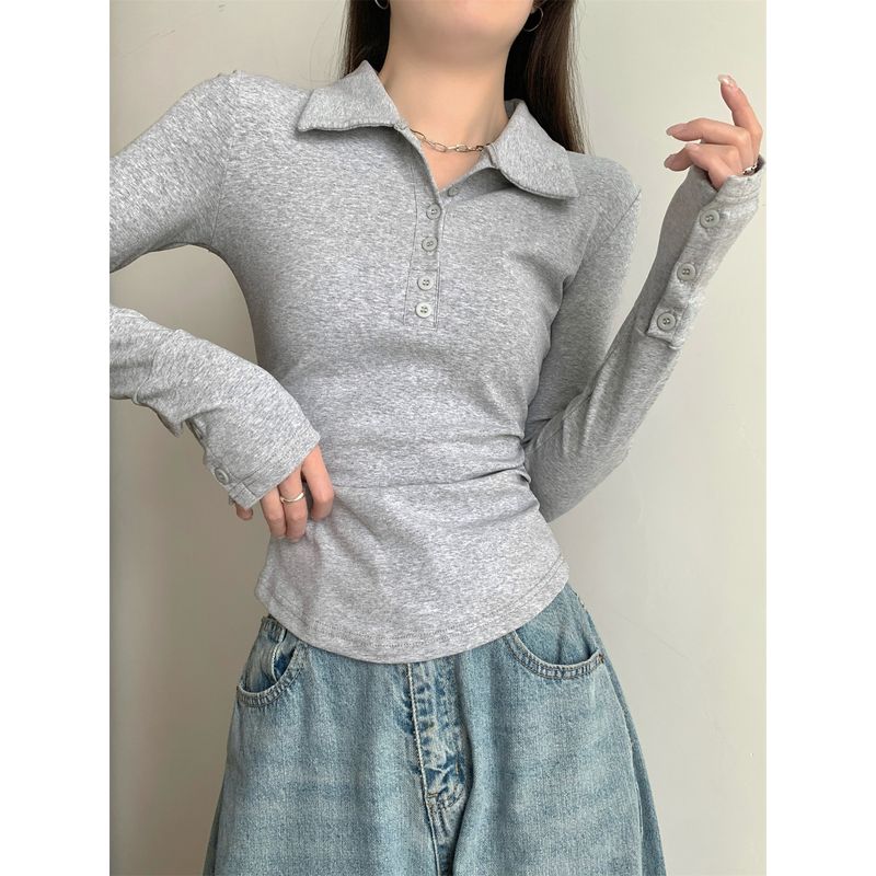 Kumikumi New Arrival Graceful Gray Polo Collar Long Sleeves T-shirt Women Autumn All-Matching Slim Fit Slim Bottoming Top