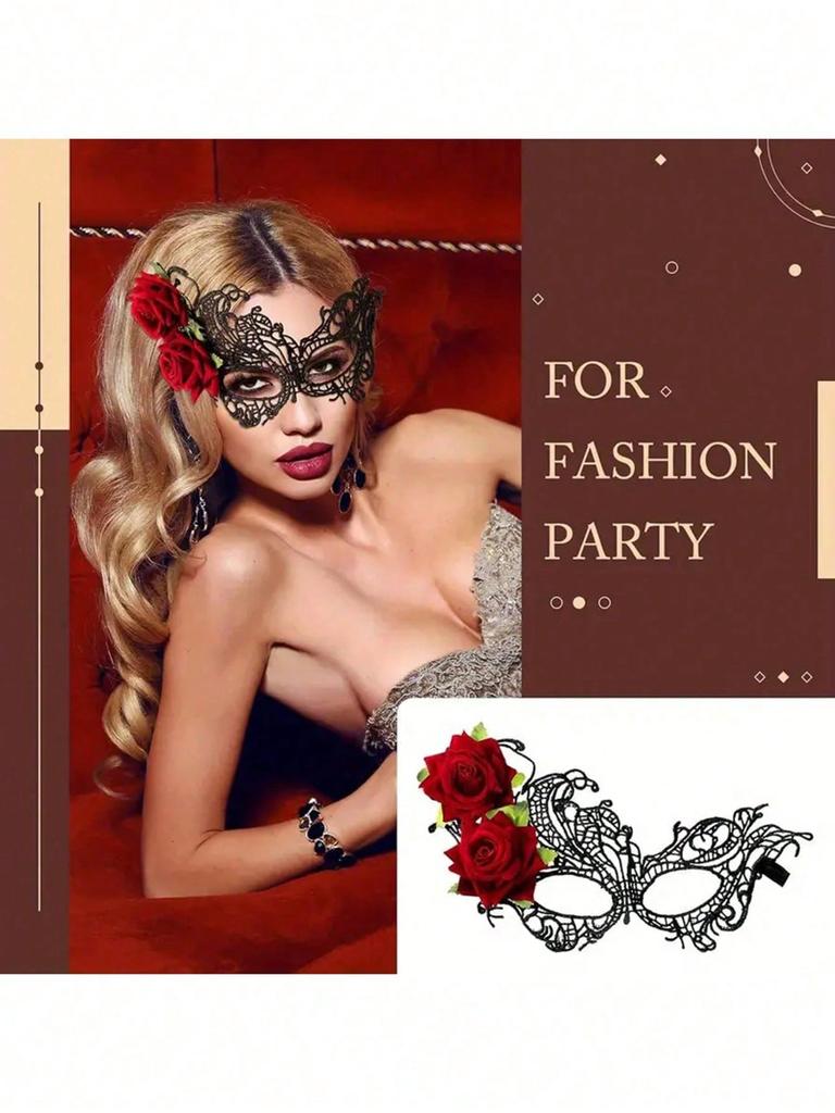 1pc Red Rose Black Lace Masquerade Mask Venetian Style For Halloween Valentine Party