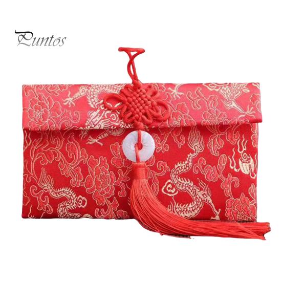 

Красный конверт из искусственного шелка для китайской свадьбы, красный карманный конверт для счастливых денег Hongbao Card с китайским узлом для Нового года, весеннего фестиваля, свадьбы F
