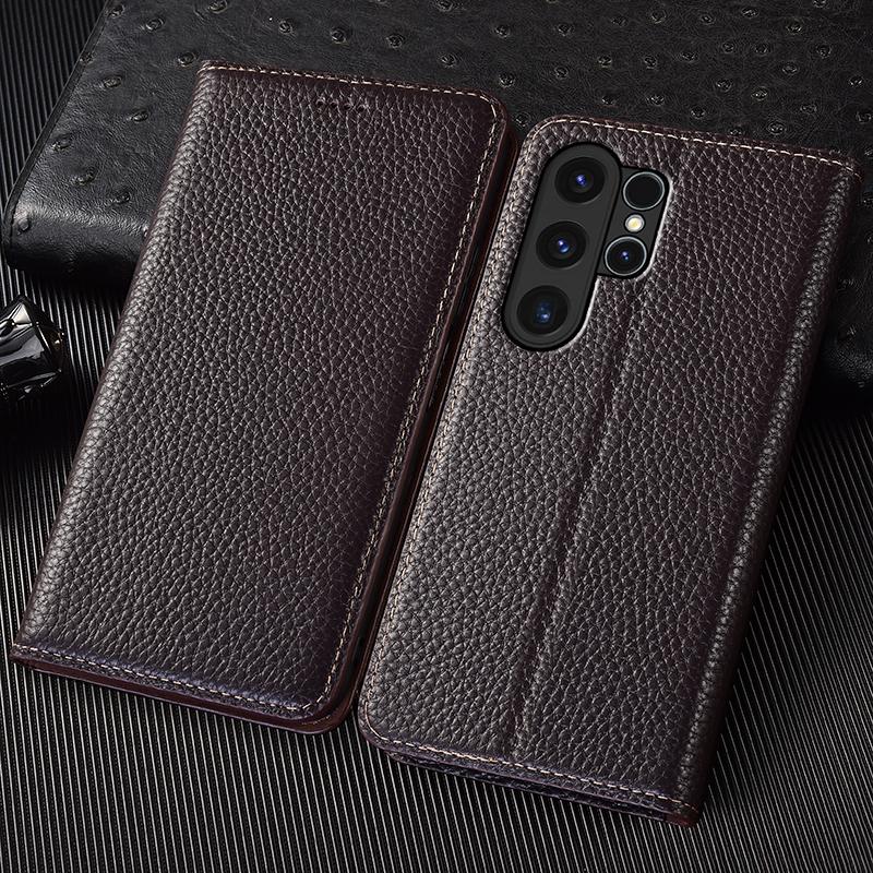 Samsung Galaxy S8 S9 S10 S10e S20 S21 S22 S23 S24 S25 FE Kenar Plus Ultra Telefon Kılıfı Kılıfları için Litchi Gerçek Deri Kapaklı Kılıf