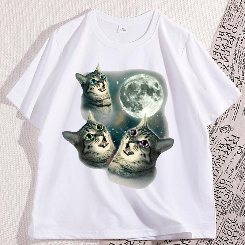 Three Cat Moon T Shirt Man Cotton Short Sleeve Funny Cat Parody Tshirt Wolf Moon Cat Cute Kitten Tshirt Male Clothes Tops