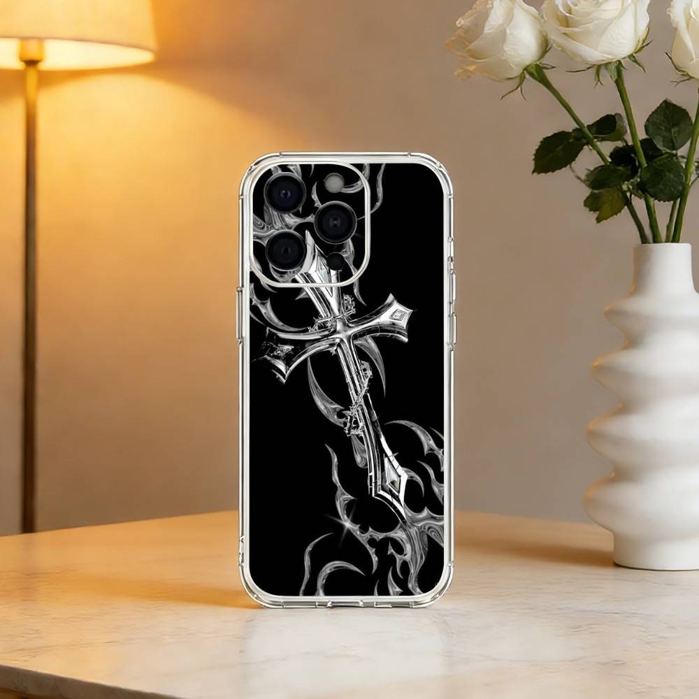 C-Cool Dark Gothic Cross Mark Phone Case For iPhone 17 16 15 14 13 12 11 Mini Pro Max Plus Transparent Cover