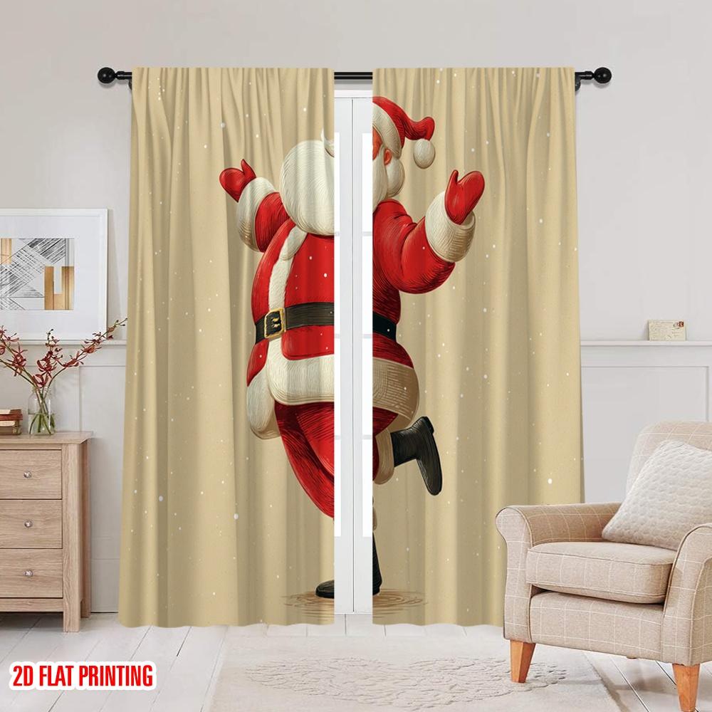 2pcs,2D Plane Printing Window Curtain Cute Santa Claus1 Versatile 100% Polyester (without Rod) Home Decor for Living Room &