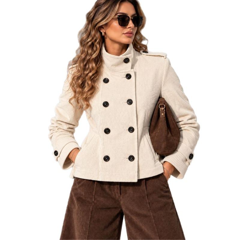 Autumn/winter new women's vintage stand-collar double-breasted corduroy slim short jacket