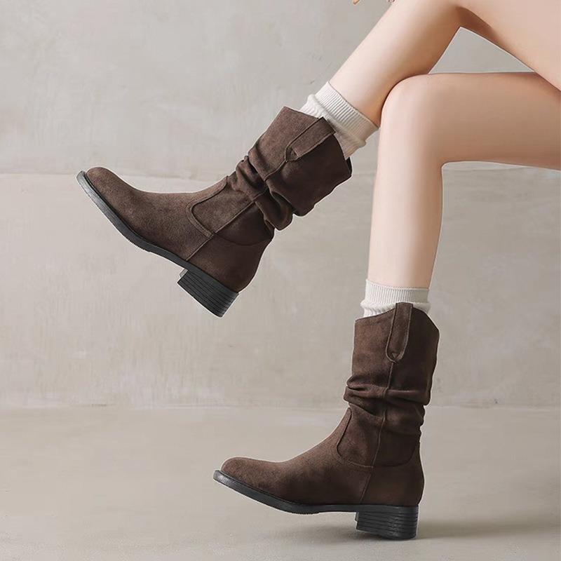 Pleated pile boots women's autumn and winter new wind round head thin thick heel fashion boots short boots