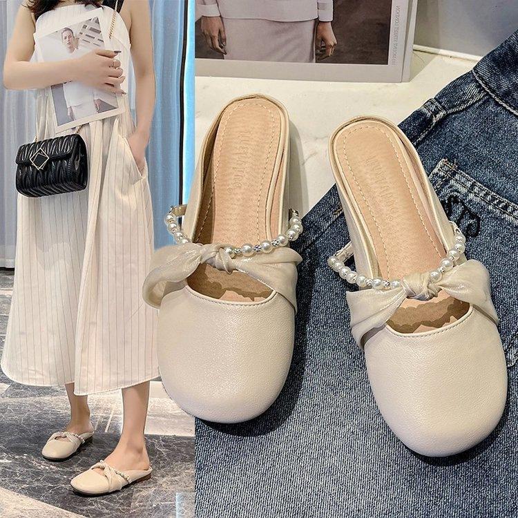 Baotou half slippers women's spring and summer 2025 new outer wear pearl fairy gentle and versatile flat-bottomed Muller cool slippers