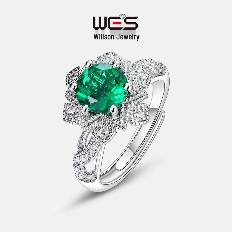 

2023 S925 Silver Women s Vintage Cultured Emerald Ring - European & American Light Luxury Style One Size Adjustable