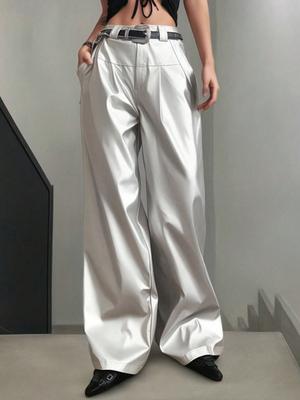 Rose Beauty A Rave Metallic Silver High Waist Pleated Slant Pocket Wide Leg PU Leather Casual Comfy Pants