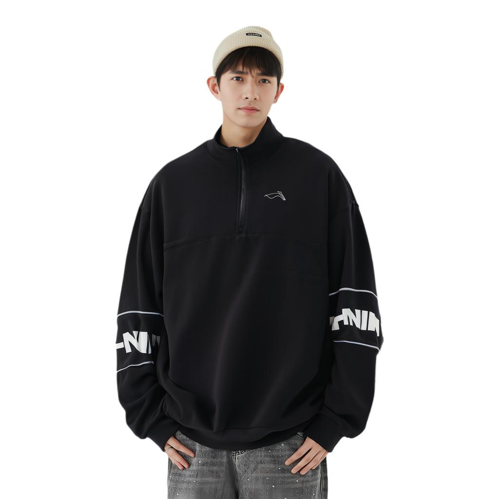 Li Ning Skateboard Series Stand Collar Solid Color Logo Reflective Loose Pullover Sweatshirt Unisex Sweatshirt Black AWDU323-1