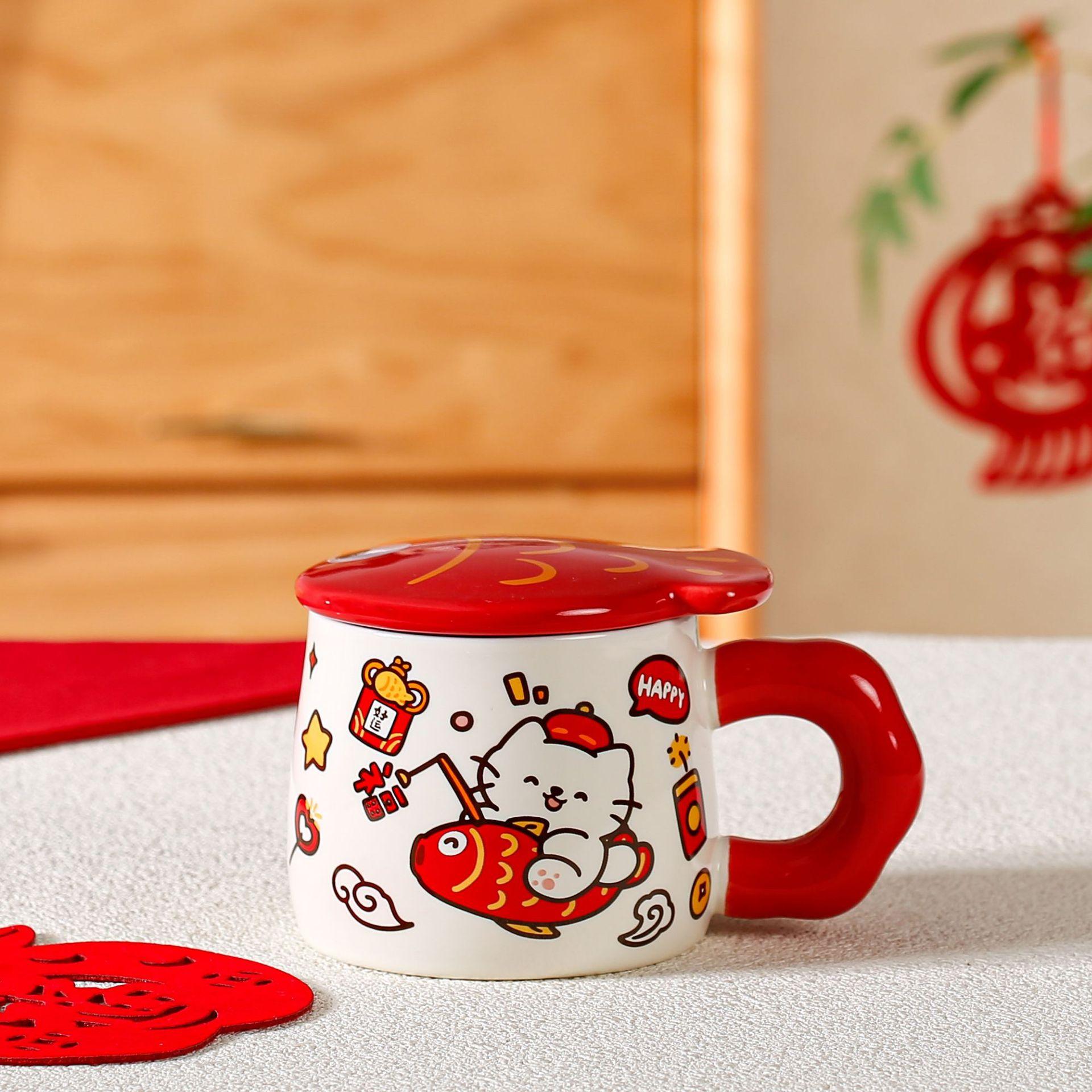 New Year s celebration Koi cat mug creative ceramic coffee cup souvenir girls water cup office home 380ML