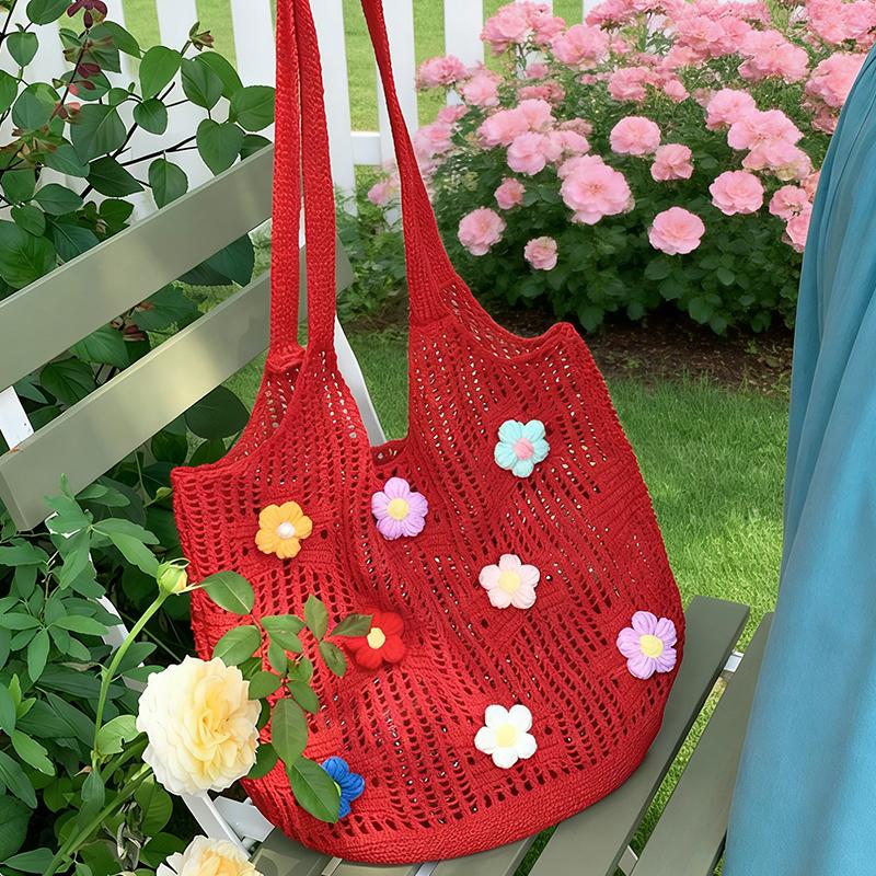 New Summer Hollow Out Knitted Single Shoulder Bag Women Chic Flowers Large Capacity Commuter Tote Bags Casual Underarm Bag