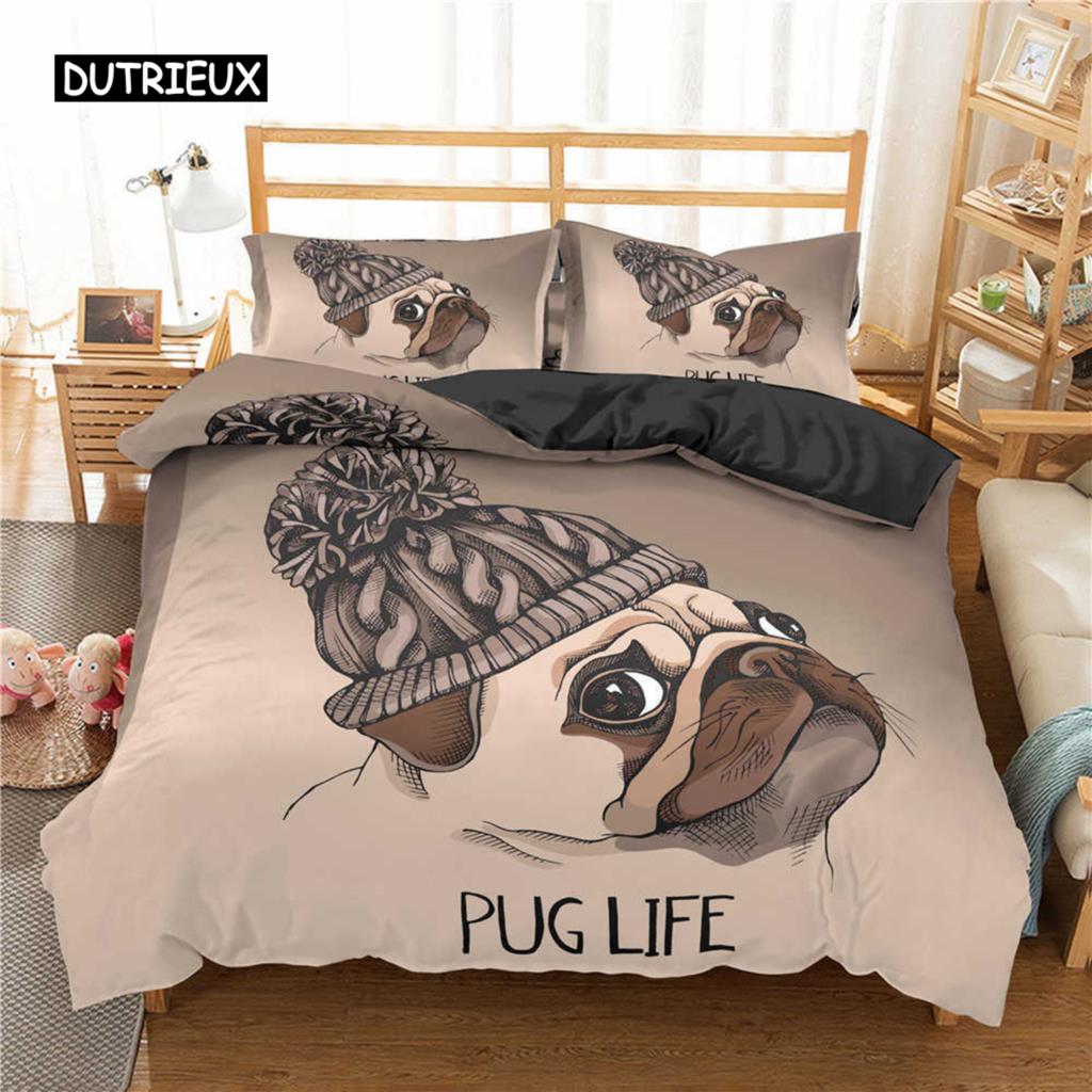 Pug Duvet Cover Set Pet Dog with Flower Bedding Set Animal Theme for Kids Teens Boy Cute Pug Dog King Size Polyester Quilt Cover