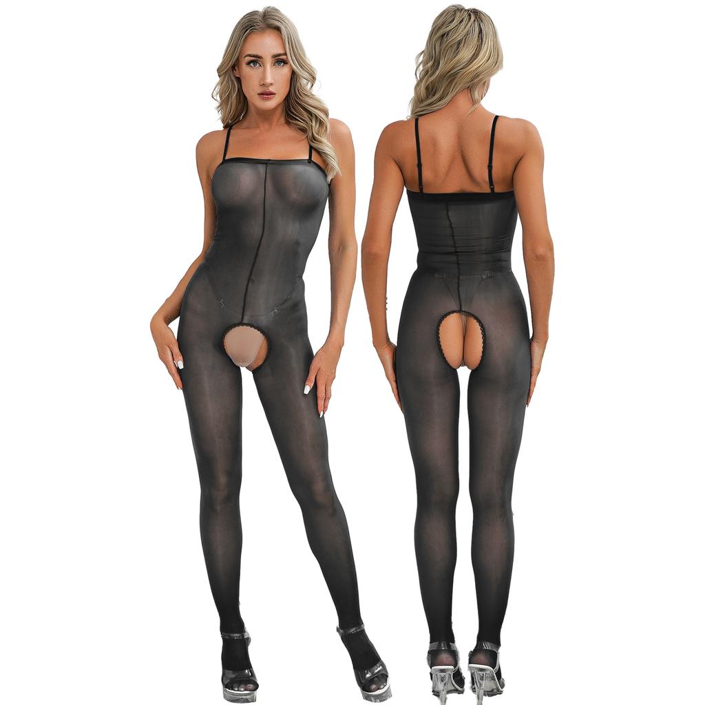 Womens Sleeveless Full Body Elastic Bodysuits Silky See Through Rompers Glossy Sexy Jumpsuits