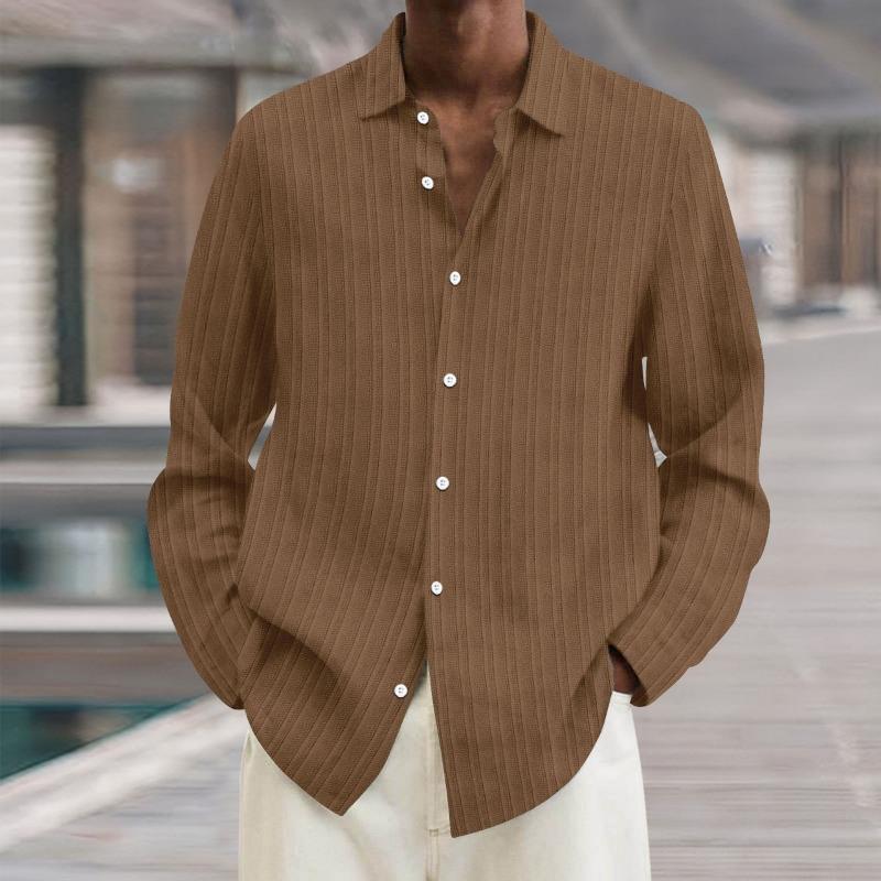 Four Seasons Long Sleeve Lapel Loose Button Cotton and Linen Striped Cardigan Shirt Men's