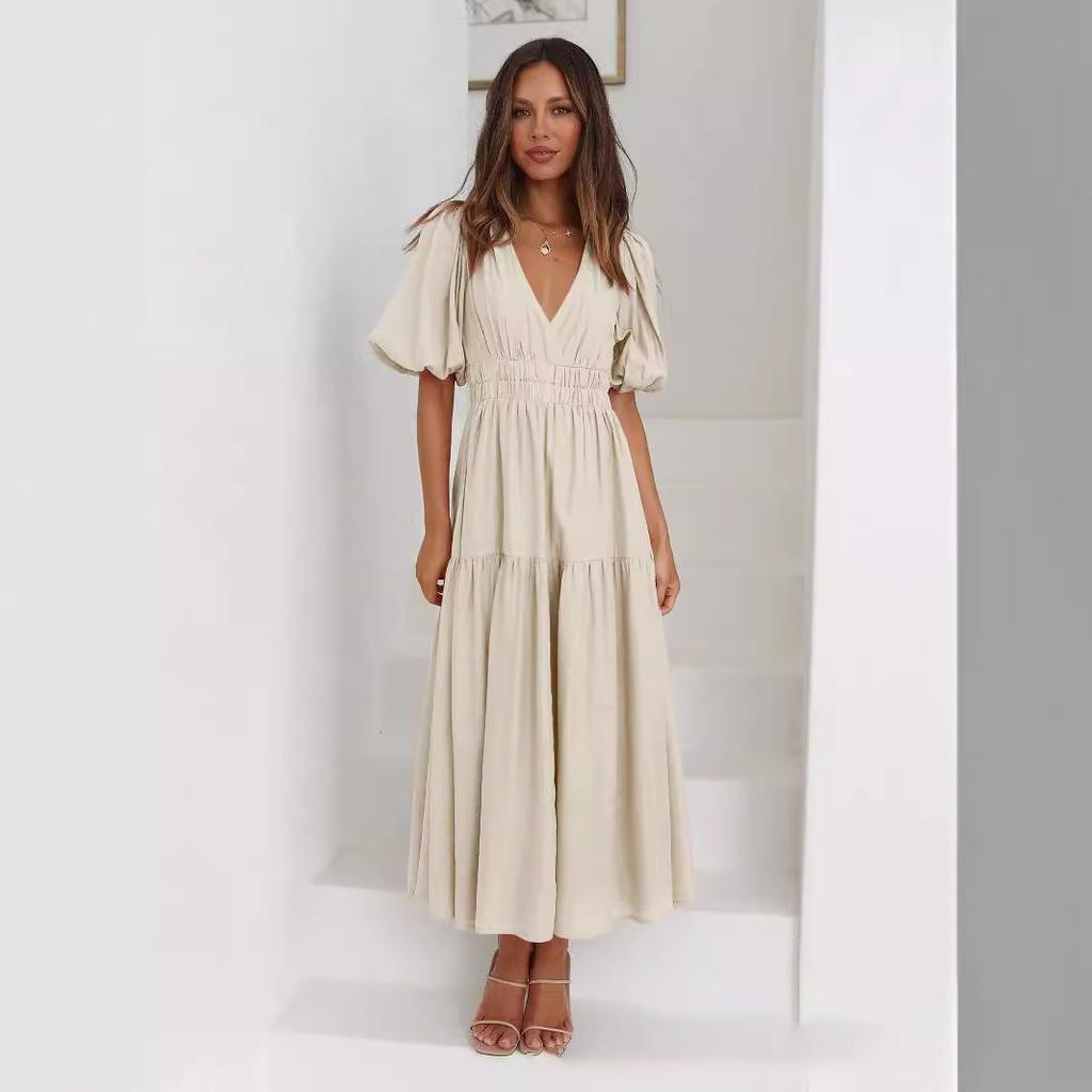 Women's V Neck Formal Lace V Neck Maxi Dress Ruffle Fringe Short Sleeve Boho Wedding Guest Long Dresses