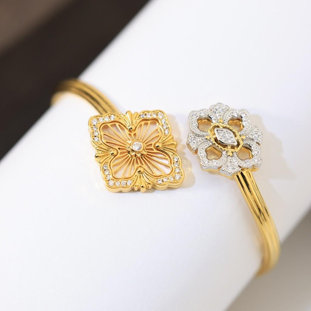 Italian high-end jewelry brand retro palace wind belt diamond brushed four leaf clover shell agate jade bangle V material