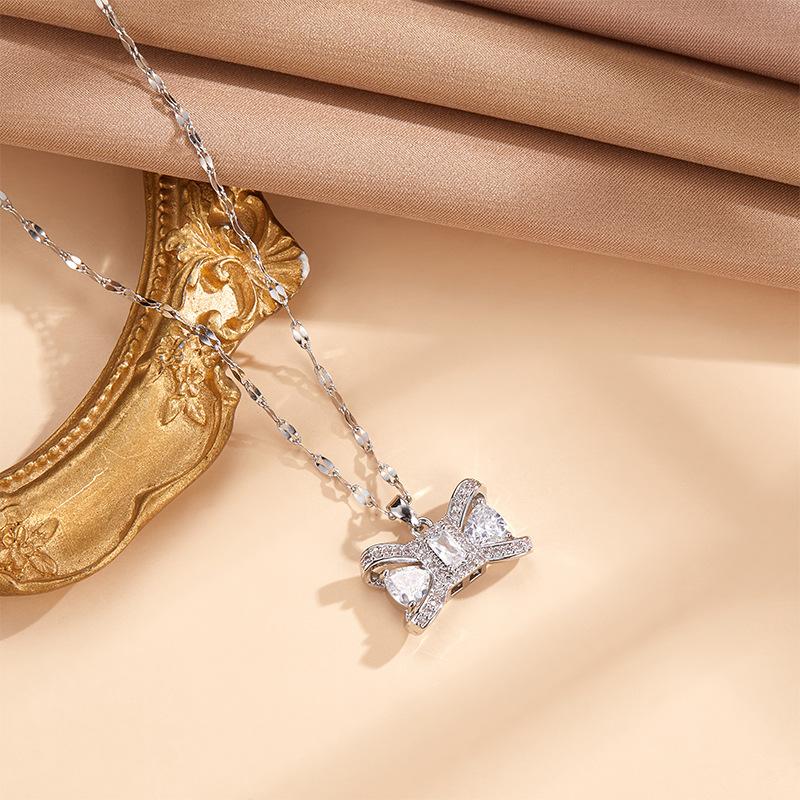 Higan Flower Bow Necklace Women'S Light Luxury Simple Versatile Zircon Pendant Same Neck Chain