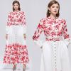 Elegant Gorgeous Flower Women Long Dress with Belt Stand Collar Lantern Sleeve Diamond Buttons 2026 Spring Summer Holiday Robes