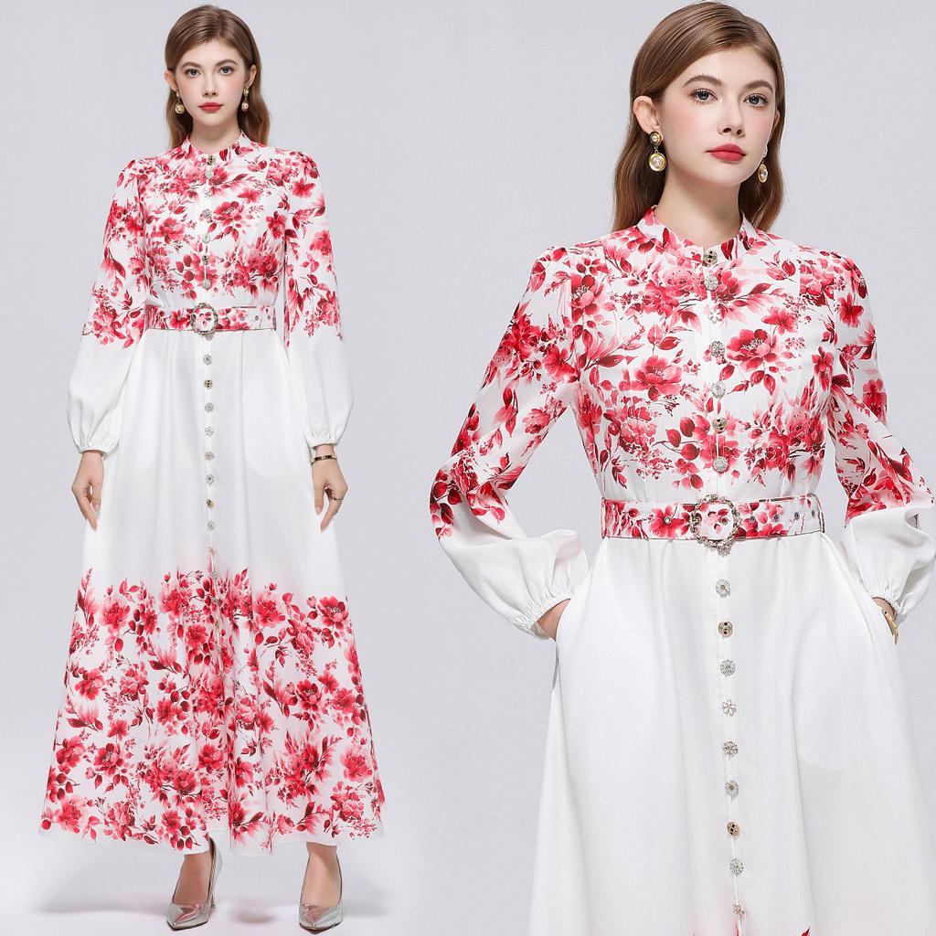 Elegant Gorgeous Flower Women Long Dress with Belt Stand Collar Lantern Sleeve Diamond Buttons 2026 Spring Summer Holiday Robes