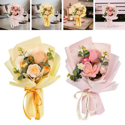 Crochet Bouquet de Fleurs Tulipes Décoration Fini Fait Main Tricoté Bouquet pour Cadeaux Fête des Mères Fête Anniversaire Maison Mariage
