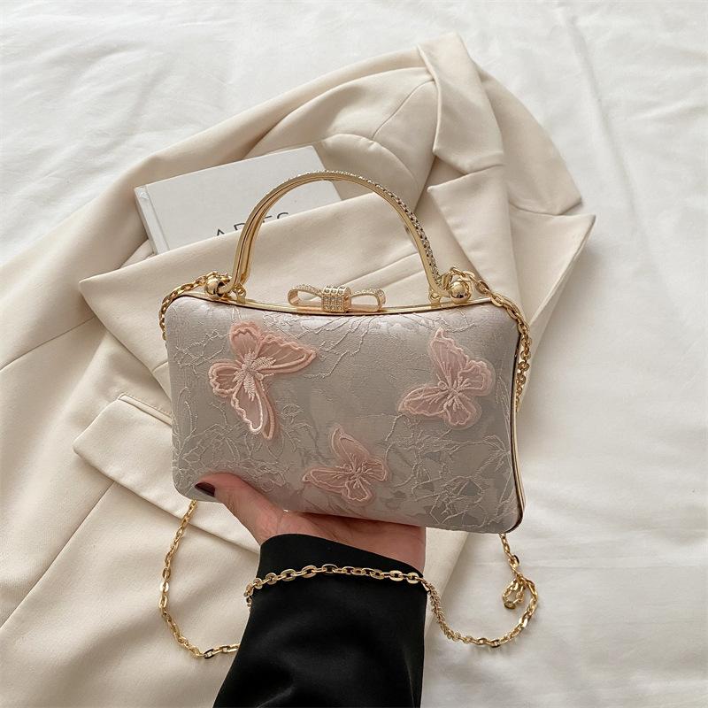 2025 New Women's Bag White Portable Small Square Bag New Chinese Jacquard Sweet Wind Butterfly Bridal Bag Dinner Bag