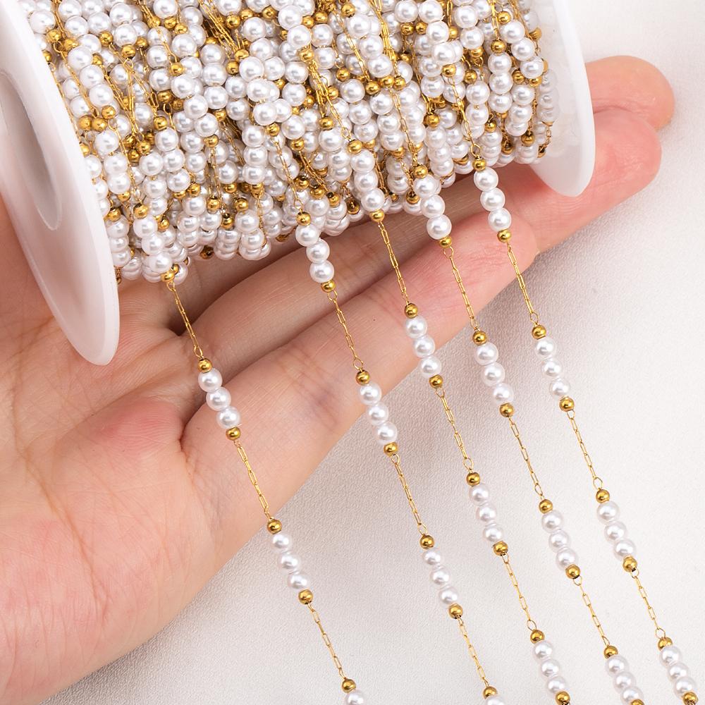1 Meter Stainless Steel 3mm Gold Beaded Stone Pearls Chains for DIY Jewelry Findings Necklace Bracelet Supplies Earrings Making