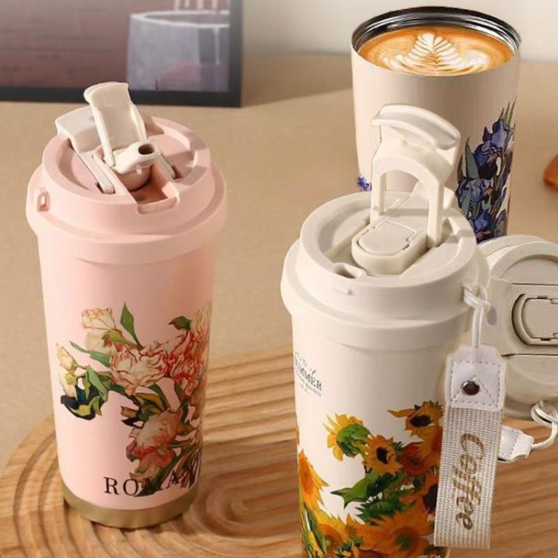 316 Stain Steel Thermos Cups 500ml Coffee Mug with Spoon Set of 3, Floral Ceramic Mug Gift Box for Birthday Wedding Christmas Valentine's Day