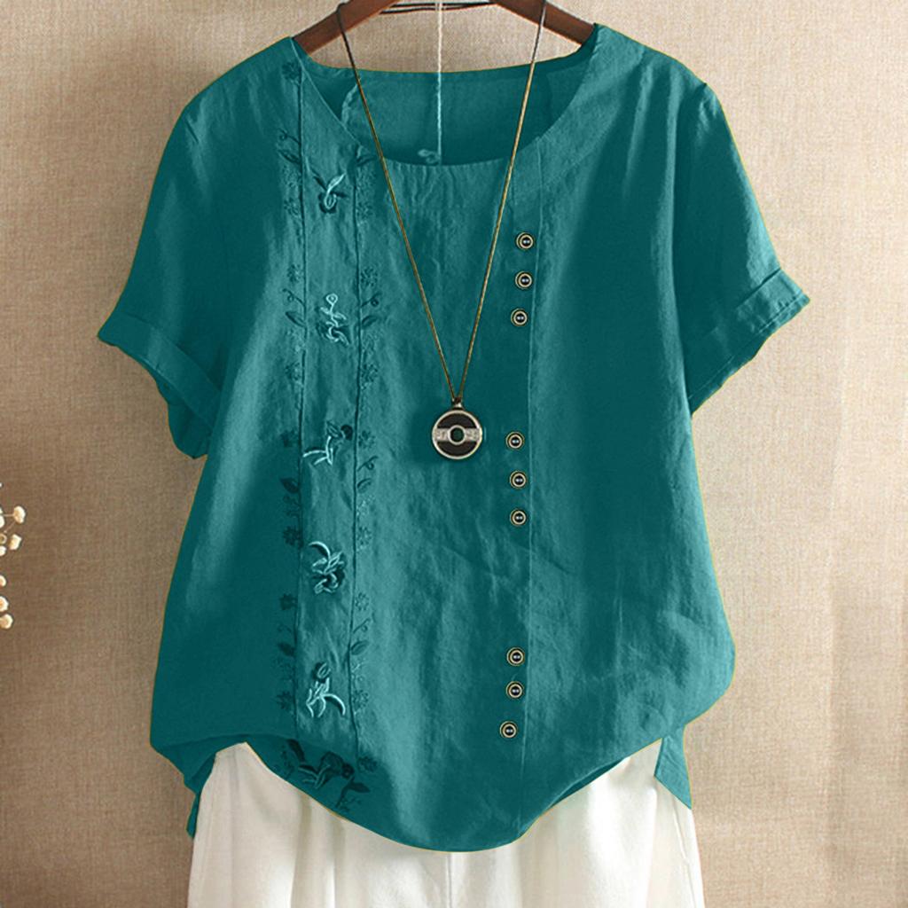Women's Fashion  Color Loose Casual Round Neck Cotton Linen Top