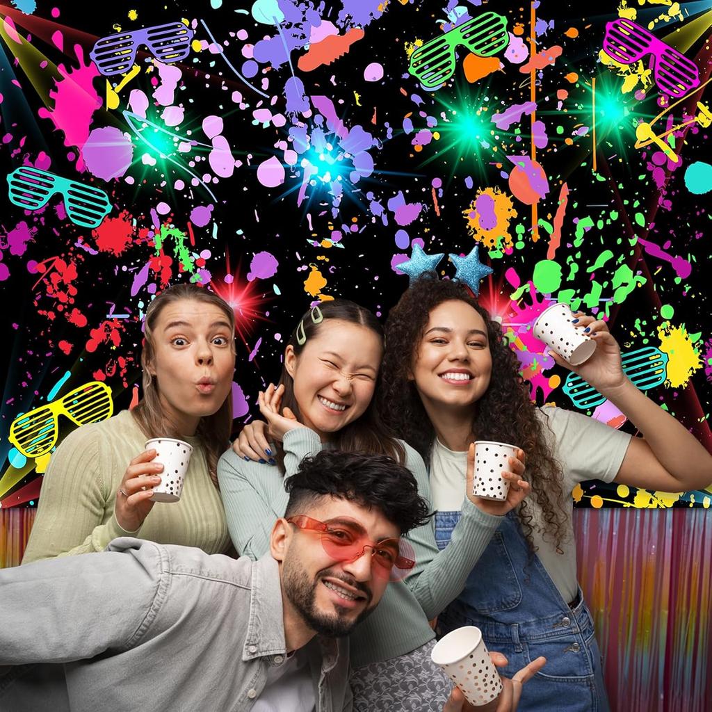 Avezano Neon Glow in The Dark Backdrop Paint Splatter Graffiti Glow Party 80s 90s Themed Birthday Background Colorful Neon Party Birthday Backdrops