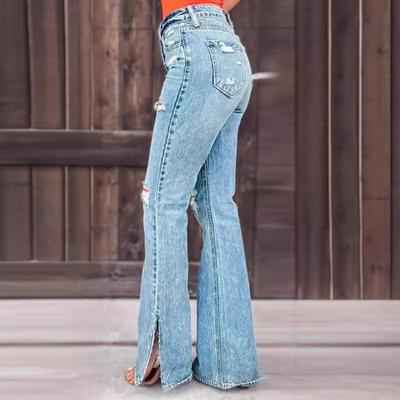 New Women's Jeans High-waisted Ripped Pants Slightly Split Trousers