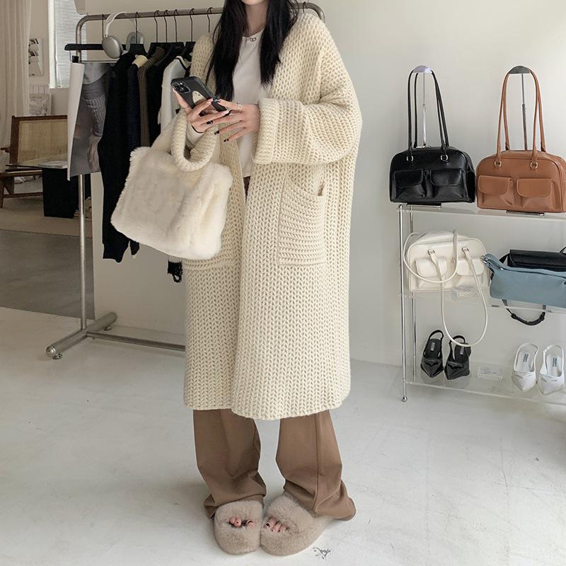 

Korean Style Knit Cardigan - Women s Loose Fit, Slim, Versatile Medium-Long Sweater for Autumn & Winter One Size брудно-білий